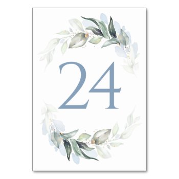 Greenery Dusty Blue Wedding Table Number Cards by lovelywow at Zazzle