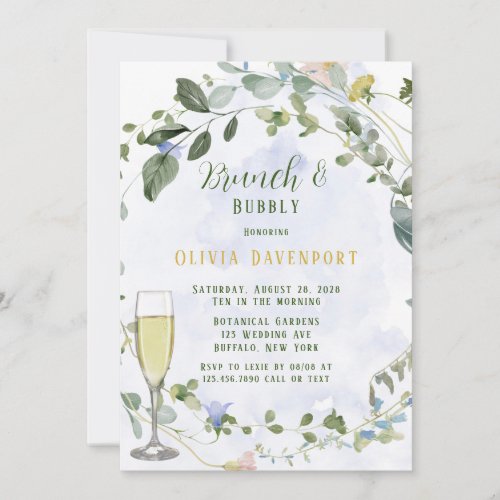 Greenery Dusty Blue Wildflower Brunch and Bubbly Invitation