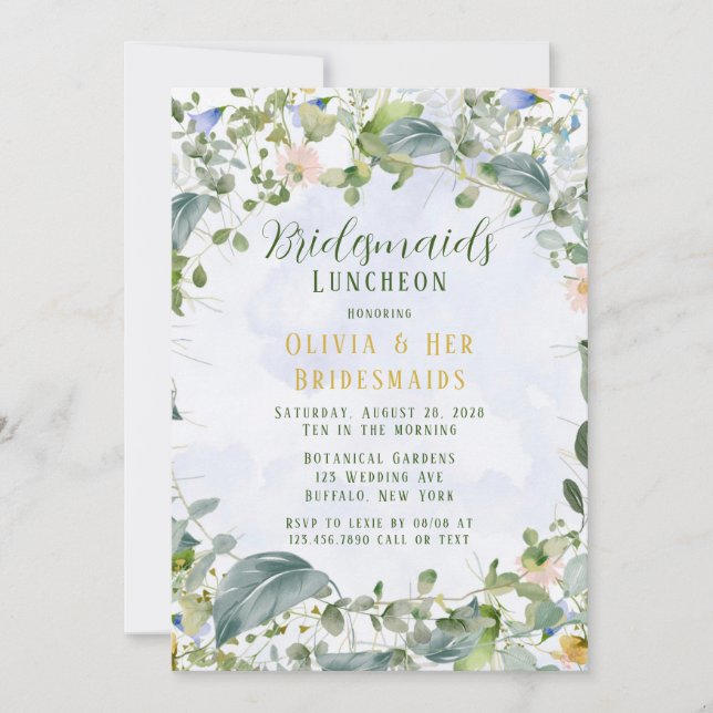 Greenery Dusty Blue Wildflowers Bridesmaids Lunch Invitation (Front)
