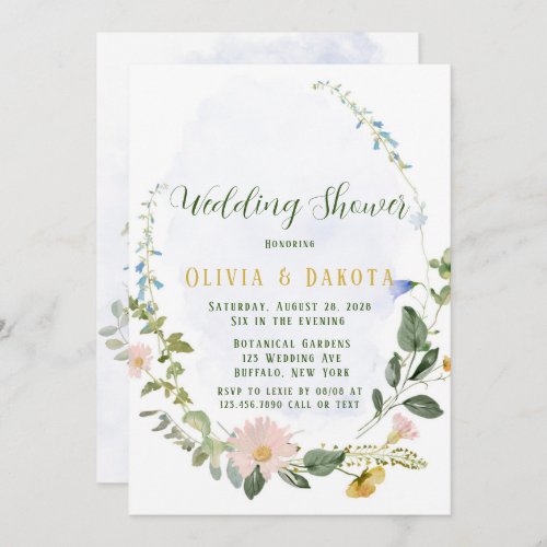 Greenery Dusty Blue Wildflowers Wedding Shower Invitation