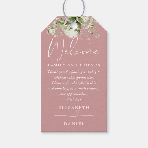 Greenery Dusty Rose Favor Welcome Basket Bag Gift Tags