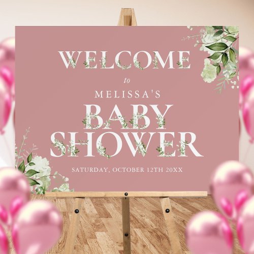 Greenery Dusty Rose Pink Baby Shower Welcome Sign