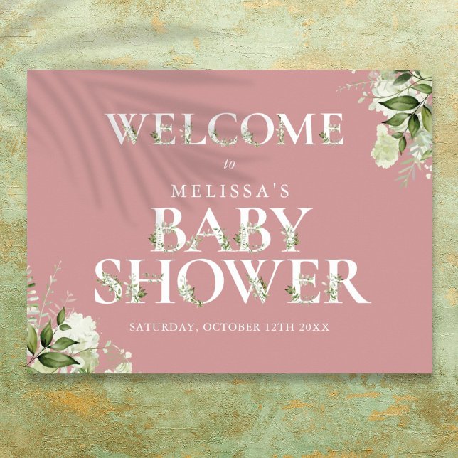 Greenery Dusty Rose Pink Baby Shower Welcome Sign (Greenery Dusty Rose Pink Baby Shower Welcome Sign)