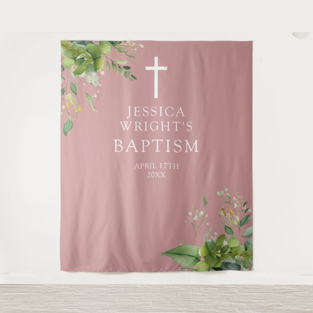 Greenery Dusty Rose Pink Baptism Photo Backdrop (Front)
