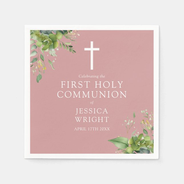 Greenery Dusty Rose Pink First Holy Communion Napkins (Front)
