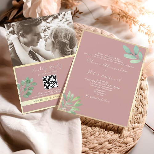 Greenery Dusty Rose Wedding QR Code Invitation