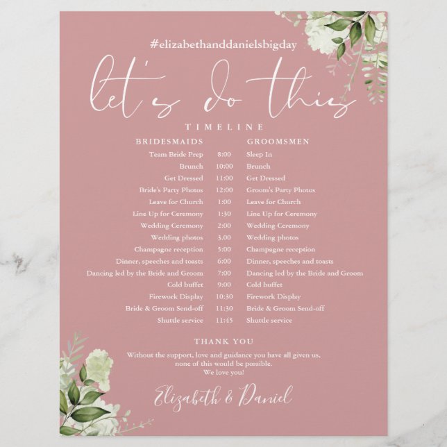 Greenery Dusty Rose Wedding Schedule Timeline (Front)