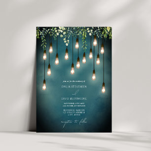Greenery Edison Lightbulbs Watercolor Wedding Invitation