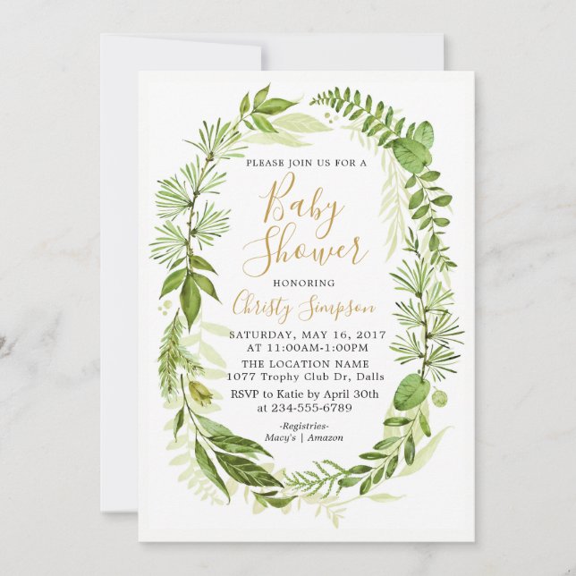 Greenery Elegant Baby Shower Invitation Cards (Front)