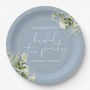 Greenery Elegant Dusty Blue Bridal Tea Party Paper Plates