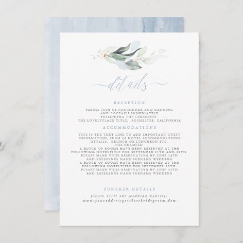 Greenery Elegant Dusty Blue Wedding Details Enclosure Card