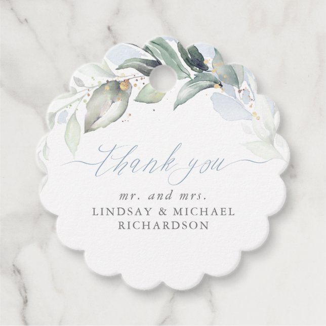 Greenery Elegant Dusty Blue Wedding Thank You Favor Tags (Front)