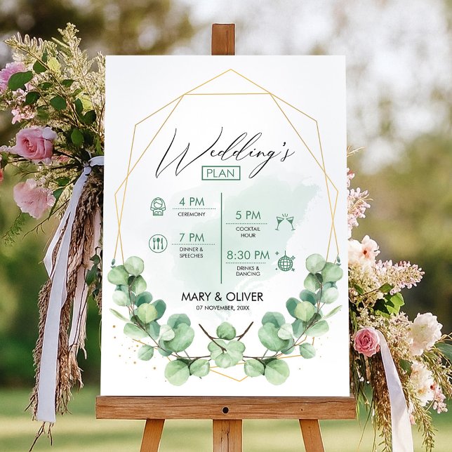 Greenery Elegant Eucalyptus Wedding Timeline Foam Board (Greenery Elegant Eucalyptus Wedding Timeline Foam Board, Order of Events Sign)
