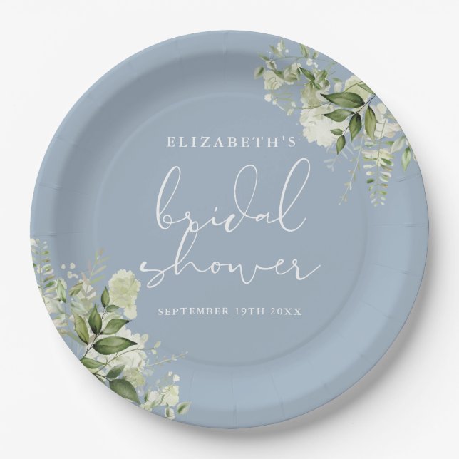 Greenery Elegant Floral Dusty Blue Bridal Shower Paper Plates (Front)