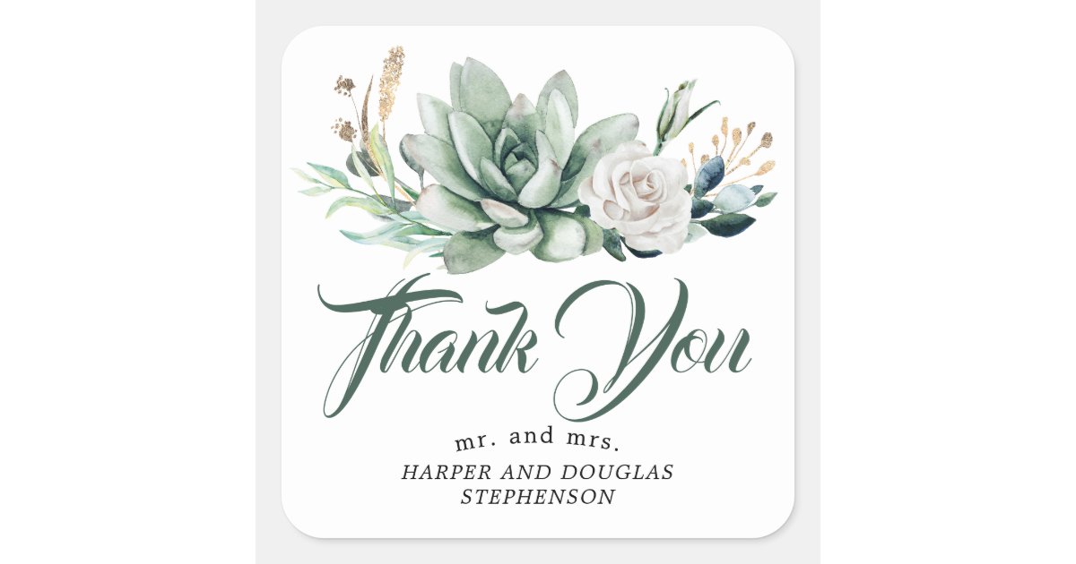 Greenery Elegant Garden Wedding Thank You Square Sticker | Zazzle.com