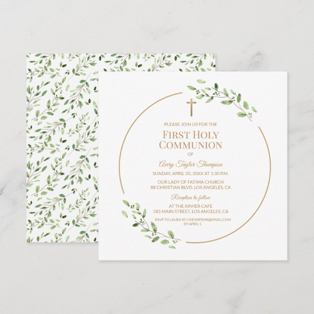 Greenery Elegant Gold Cross First Holy Communion  Invitation (Front/Back)