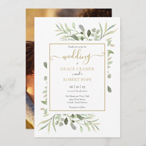 Greenery Elegant Gold Script Photo Wedding Invitation