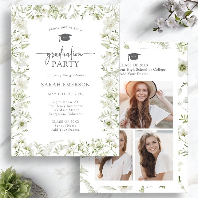 Greenery Elegant Graduation Invitation (Watercolor Greenery Elegant Graduation Invitation Photo Collage by Painted Paperie
)