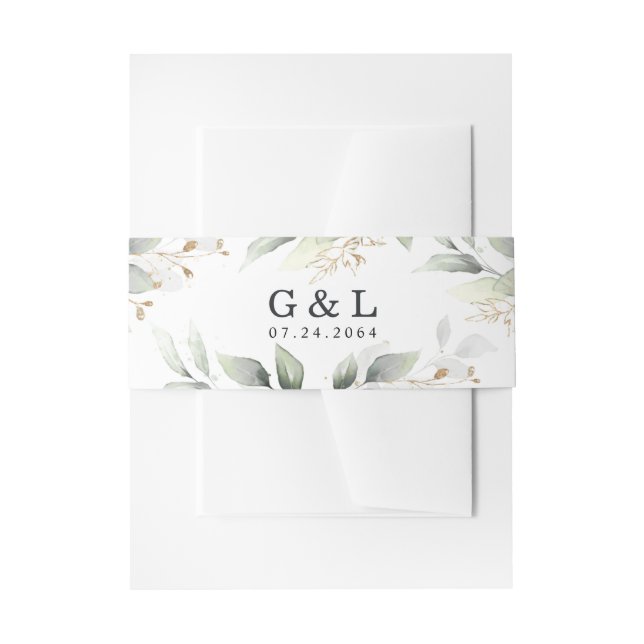 Greenery Elegant Green and Gold Rustic Wedding Invitation Belly Band (Front Example)