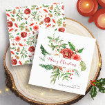 Greenery Elegant Merry Christmas Card<br><div class="desc">Elegant Greenery Merry Christmas Card. This beautiful square Christmas card features elegant watercolor red flowers with holly berries, pinecones, and greenery on white background with a 'Merry Christmas' in an elegant handwritten script | calligraphy. The back of the card includes a matching pattern. Find matching items in the Holiday Red...</div>