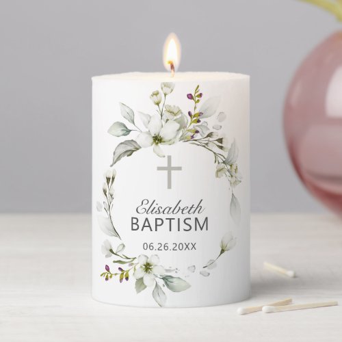 Greenery Elegant Natural Baptism Pillar Candle