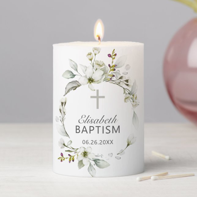 Greenery Elegant Natural Baptism Pillar Candle (In Situ)
