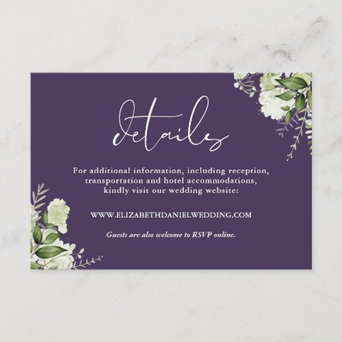 Greenery Elegant Purple Wedding Details Enclosure Card