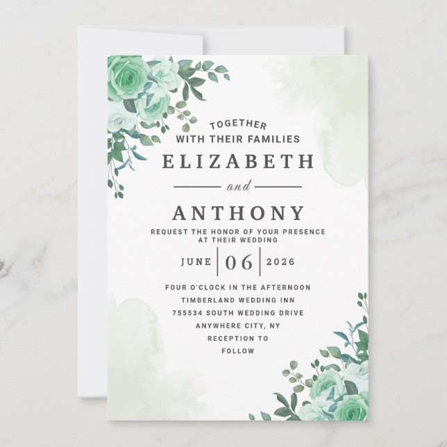 Greenery Elegant Rose Floral Watercolor Wedding Invitation (Front)