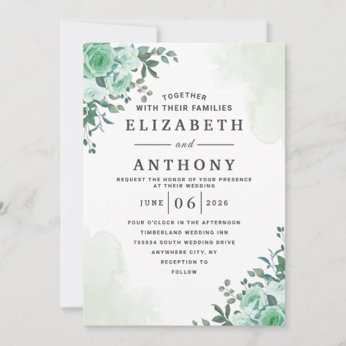Greenery Elegant Rose Floral Watercolor Wedding Invitation