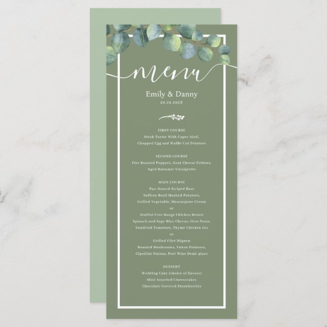 Greenery Elegant Sage Green Botanical Wedding Menu (Front/Back)