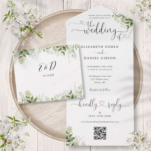Greenery Elegant Script Hearts QR Code Wedding All In One Invitation