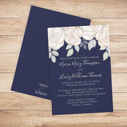 Greenery Elegant Watercolor Floral Navy Blue Invitation