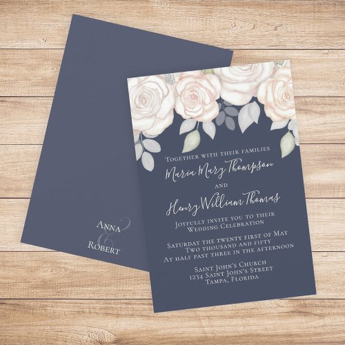 Greenery Elegant Watercolor Rustic Floral Blue Invitation