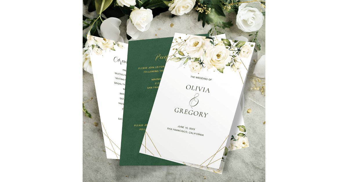 Greenery Elegant White rose Wedding Program | Zazzle
