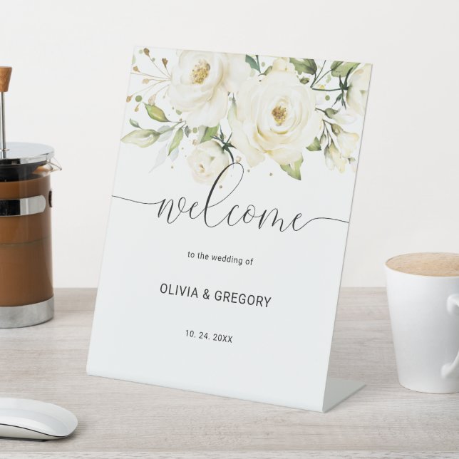 Greenery Elegant White rose Wedding Welcome Sign (In SItu)