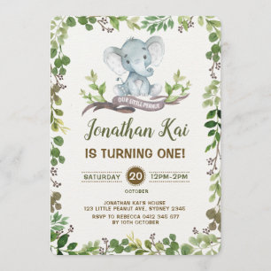 Greenery Elephant 1st Birthday Party Invite Rustic