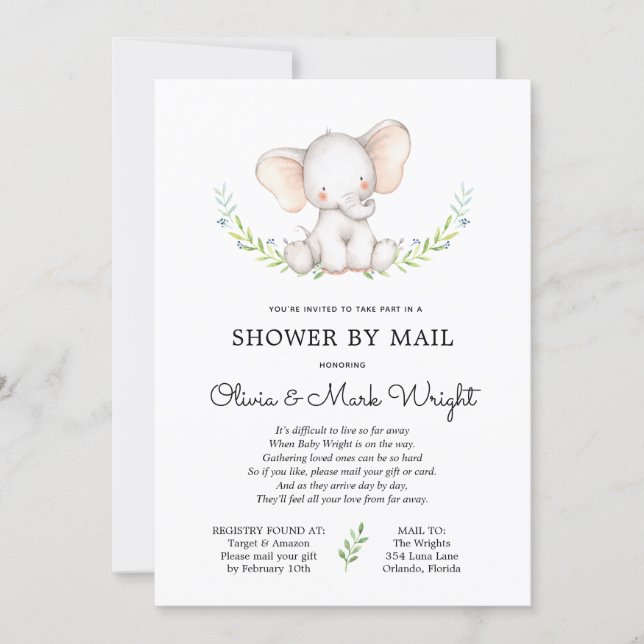 Greenery Elephant Baby Shower by Mail Invitation (Front)