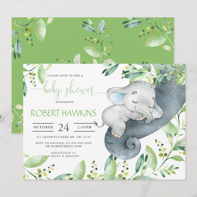Greenery Elephant Baby Shower Invitation (Front/Back)