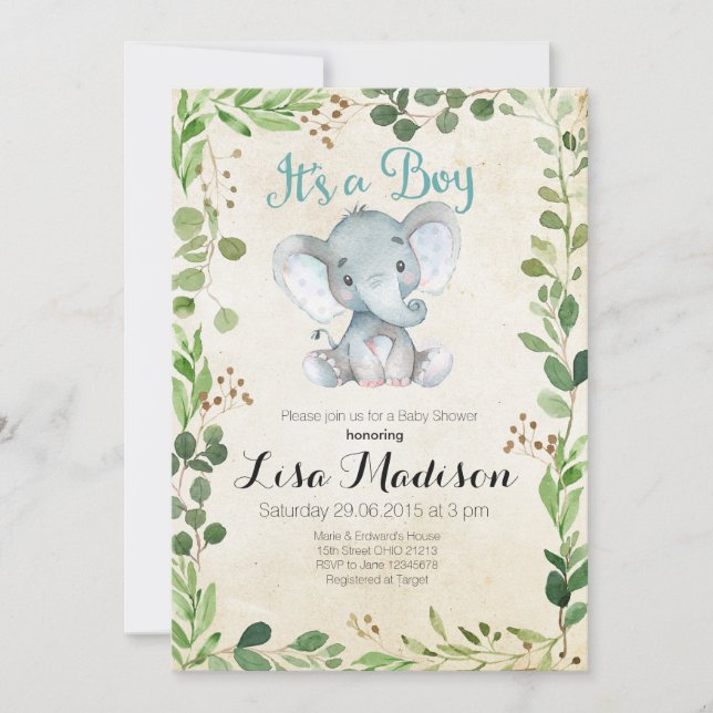 Greenery elephant Baby Shower Invitation (Front)