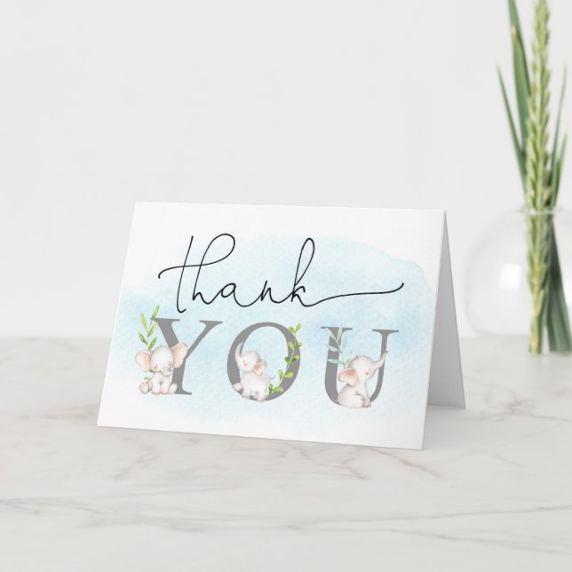 Greenery Elephant Baby Shower Thank You Card (Front)