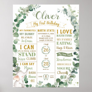 Greenery Elephant Birthday Milestone Birth Stats   Poster