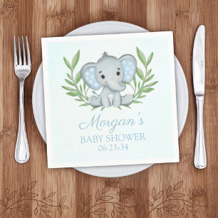 Greenery Elephant Blue Boy Baby Shower Napkins