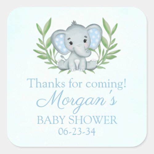 Greenery Elephant Blue Boy Baby Shower Square Stic Square Sticker