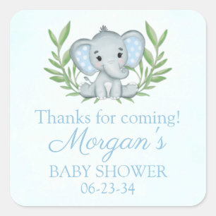 Greenery Elephant Blue Boy Baby Shower Square Stic Square Sticker