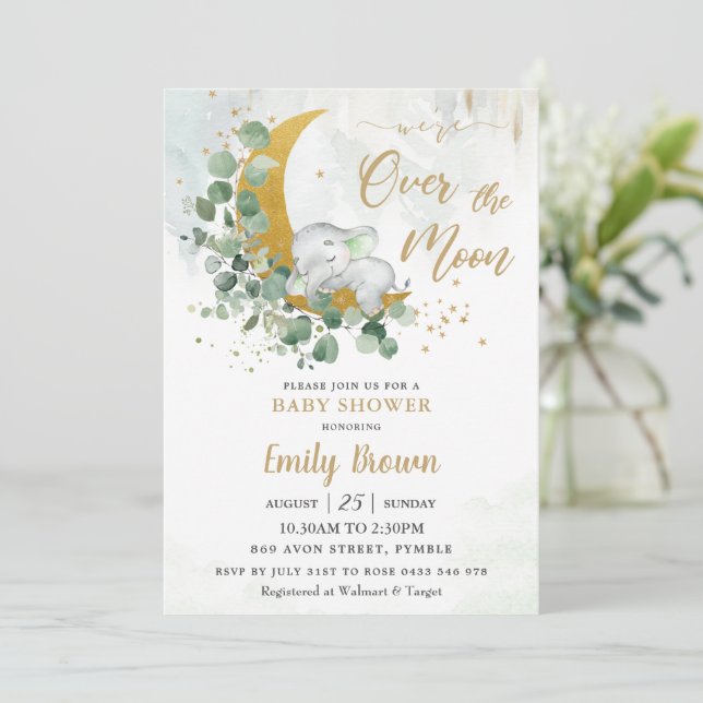 Greenery Elephant Moon Gender Neutral Baby Shower  Invitation (Standing Front)