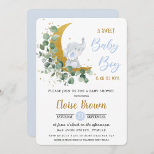 Greenery Elephant Moon Sweet Baby Boy Shower Invitation