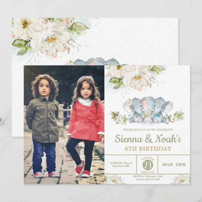 Greenery Elephant Twins Boy Girl Birthday Photo Invitation (Front/Back)