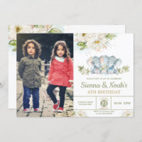 Greenery Elephant Twins Boy Girl Birthday Photo Invitation