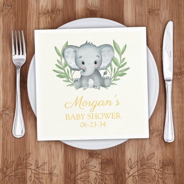 Greenery Elephant Yellow Neutral Baby Shower Napkins (Creator Uploaded)
