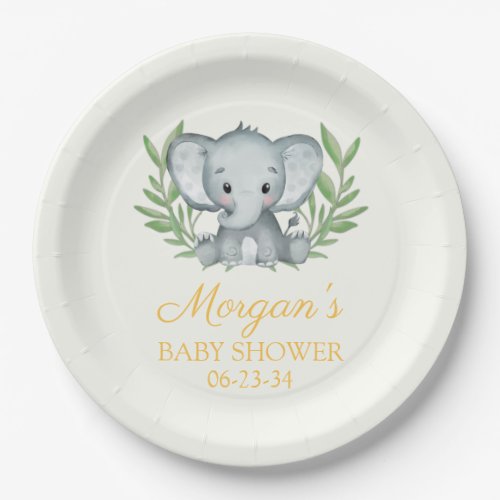 Greenery Elephant Yellow Neutral Baby Shower Paper Plates